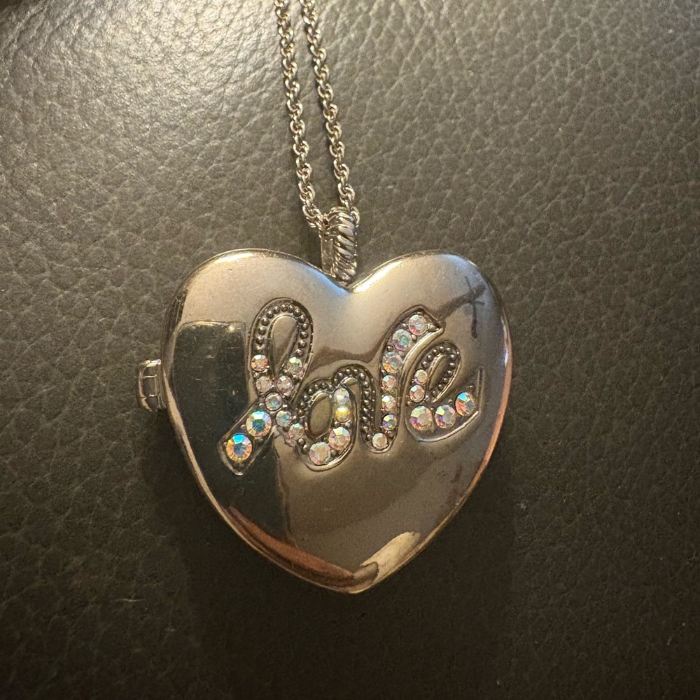 Silver Heart Locket Necklace with Rhinestones